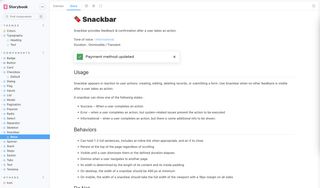 Screenshots of design system in Storybook