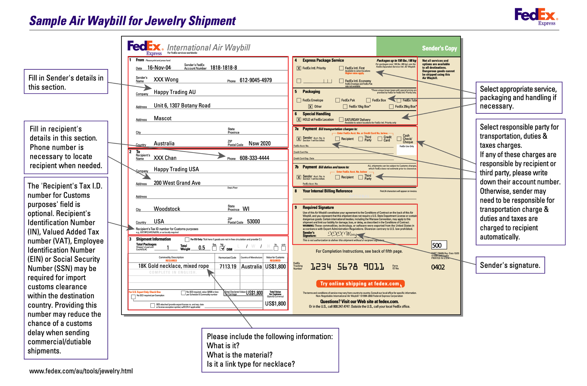 A sample of shipping form